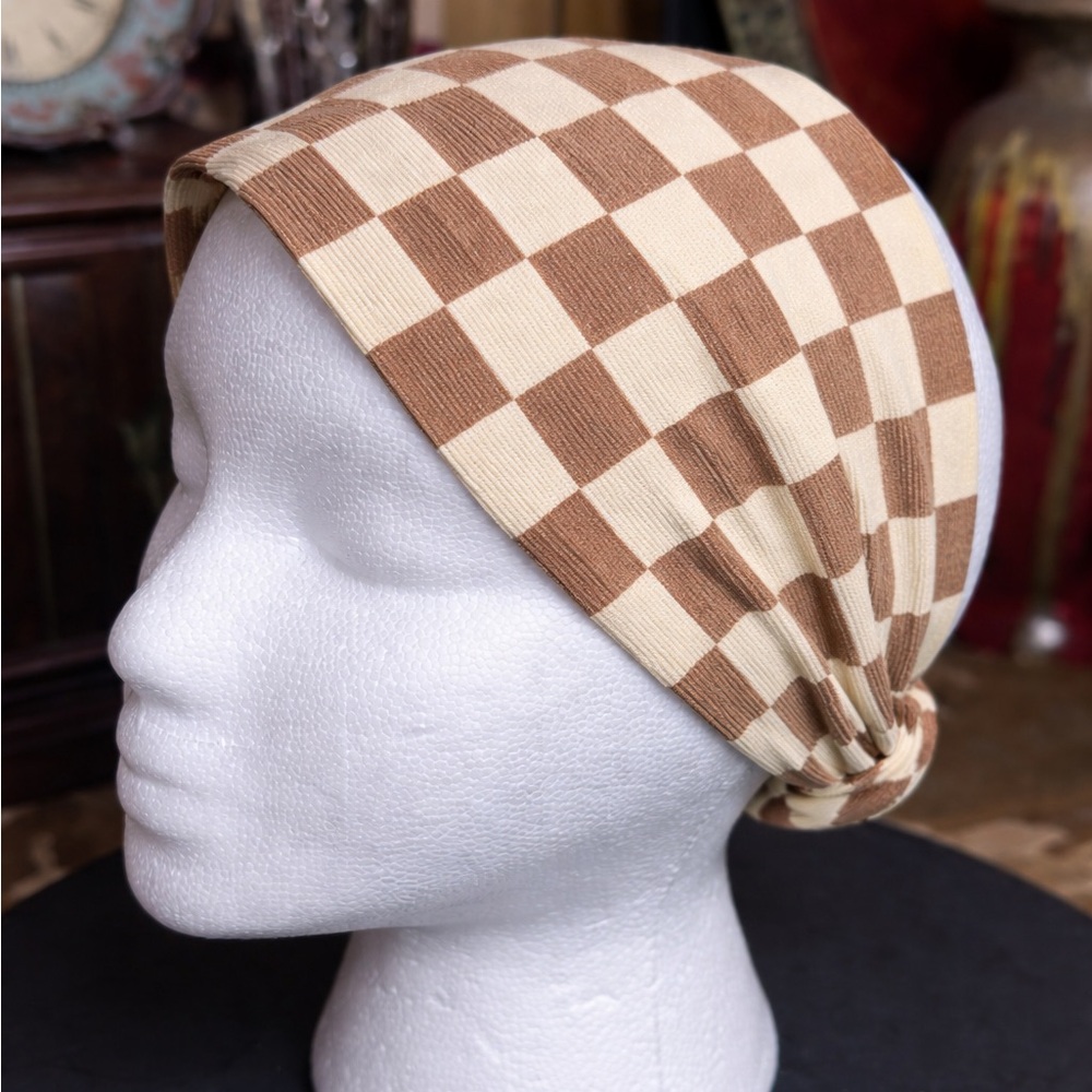 Beige Brown Checkered Headband Terry Cloth Wide Stretch Boho Hair Wrap